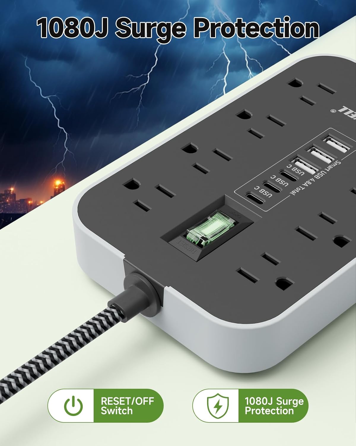 Protector de sobretensiones de regleta de alimentación: cable de extensión de enchufe plano de 5 pies, 8 salidas de CA y 6 puertos USB (3 USB C), protección contra sobretensiones 1080 J, estación de