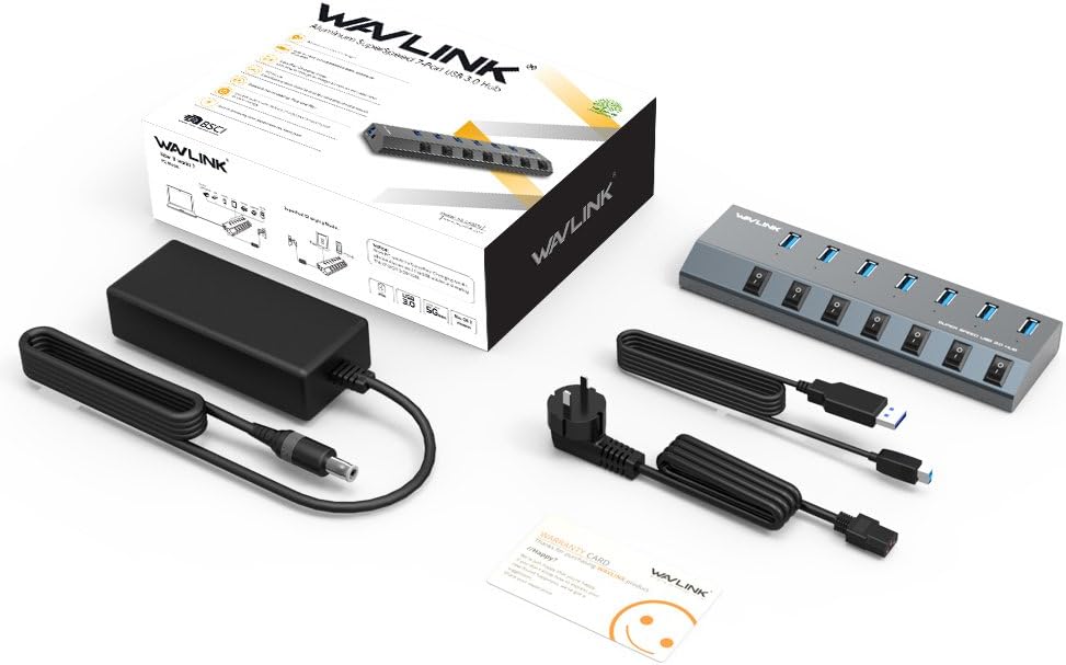 WAVLINK, UH3076-1, hub USB 3.0 de 7 puertos, alimentado, adaptador 5V/2.4A
