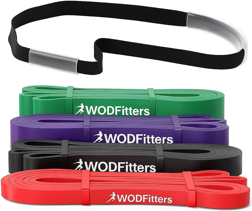 WODFitters Juego de bandas de resistencia con correa protectora, juego de bandas de asistencia de 4 niveles para entrenamiento de fuerza, estiramiento y gimnasio en casa, bandas de ejercicio de látex