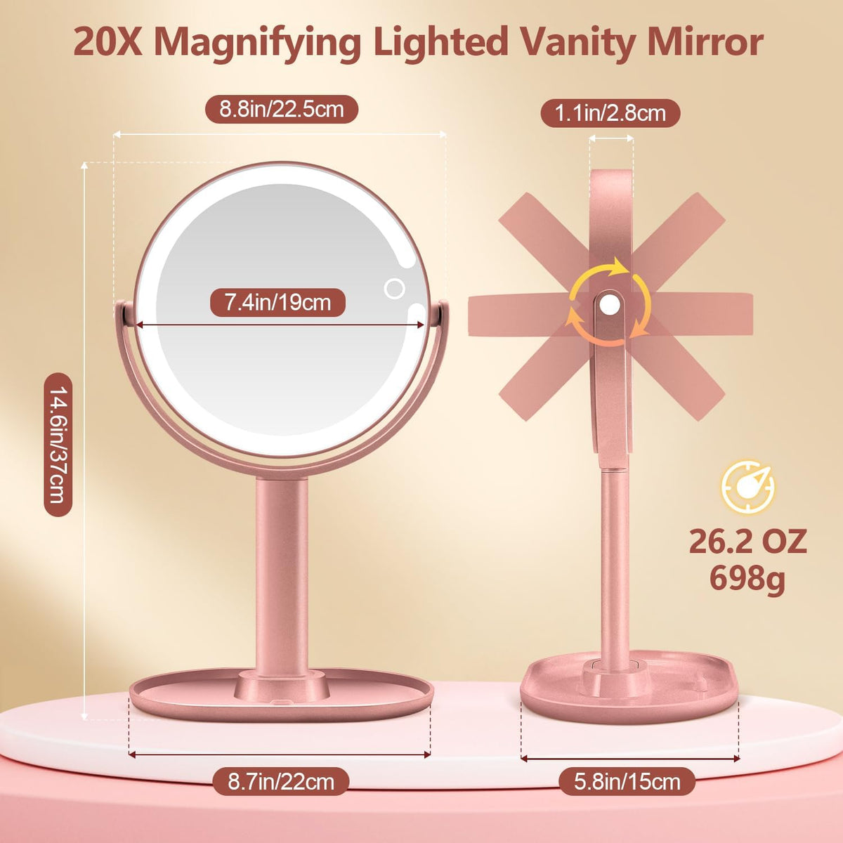 MIYADIVA Espejo de Maquillaje con Luces, Espejo de 20X con Iluminación y Interruptor Táctil, Espejo de Tocador de 2 Caras con 3 Colores y 80 LEDs, Oro Rosado Metálico
