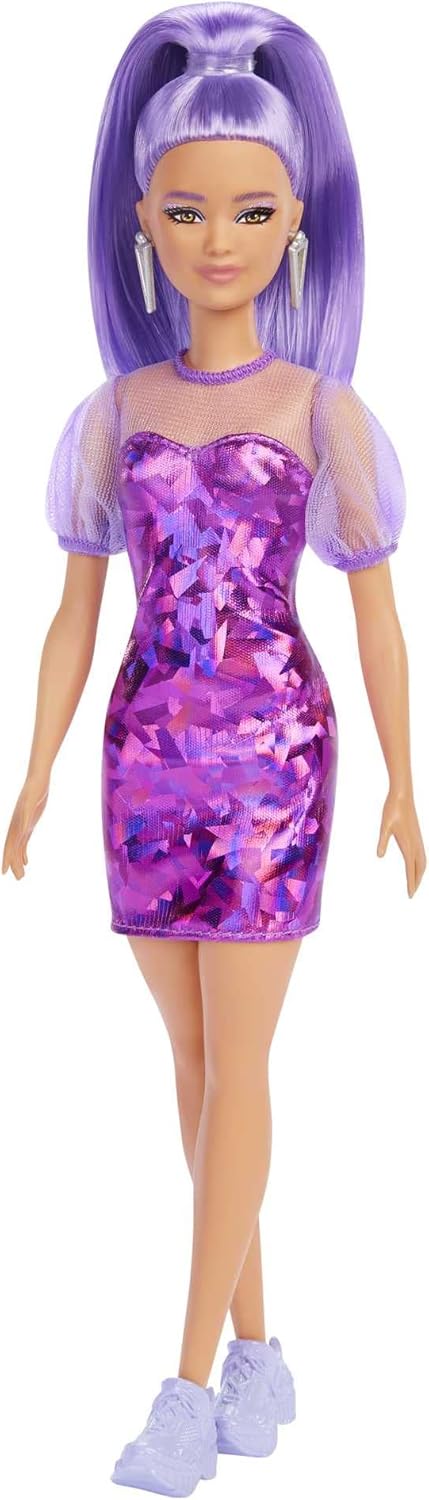 Barbie Fashionistas - Muñeca pequeña, de pelo largo morado y vestid...