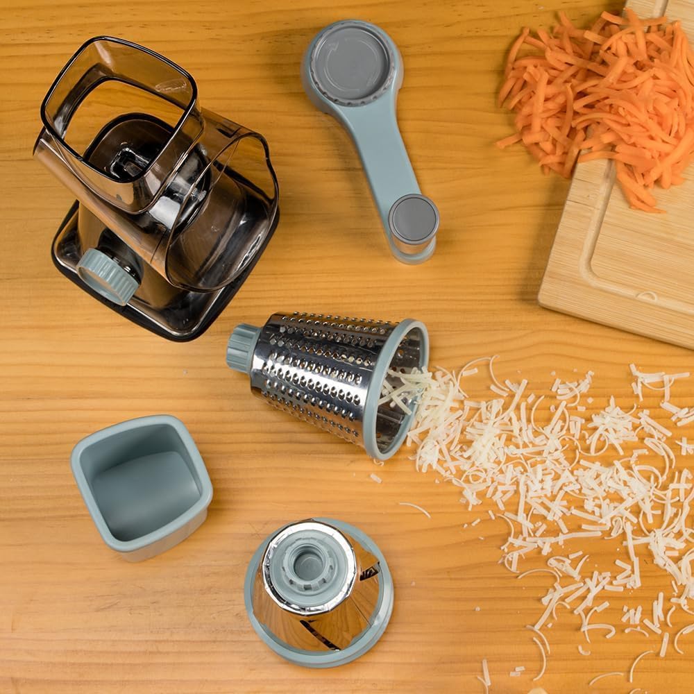 Rallador de queso, triturador de queso y verduras, rallador para cocina, 3 cuchillas intercambiables para queso, papa, calabacín, nueces, chocolate (gris azul)