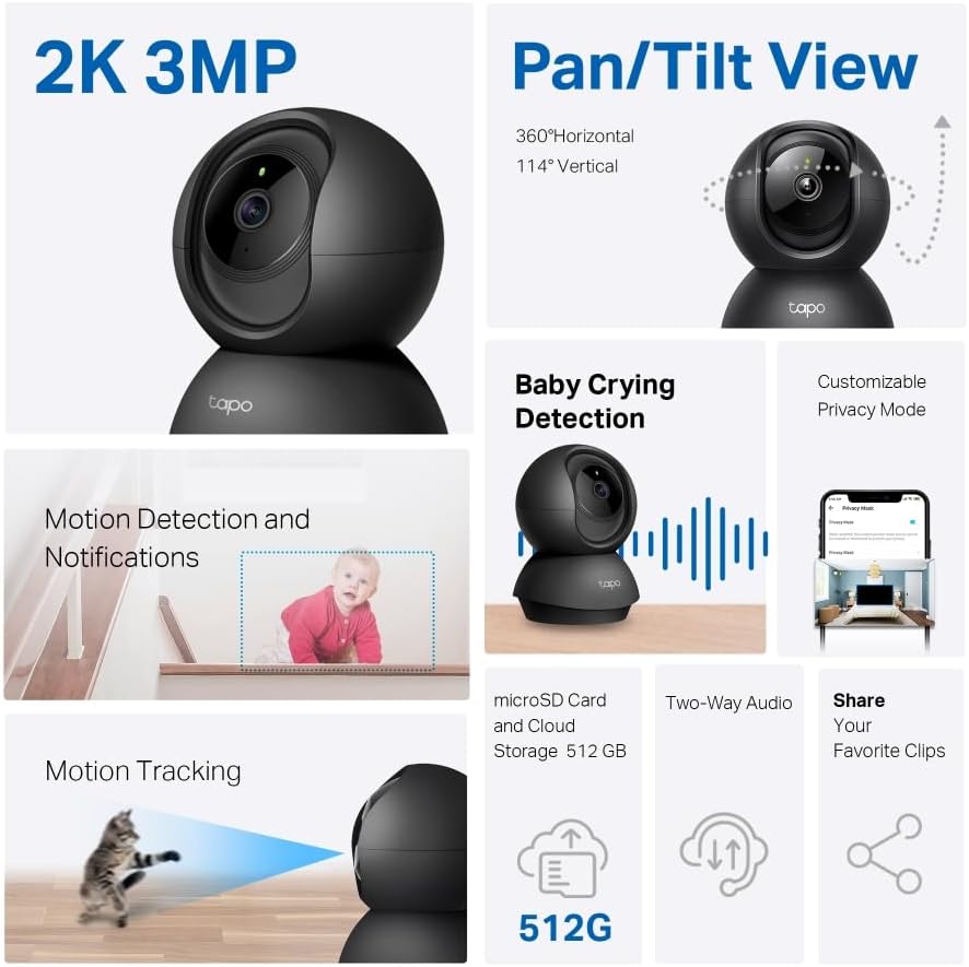 Tapo Cámara de seguridad interior 2K Pan\/Tilt para monitor de bebé...