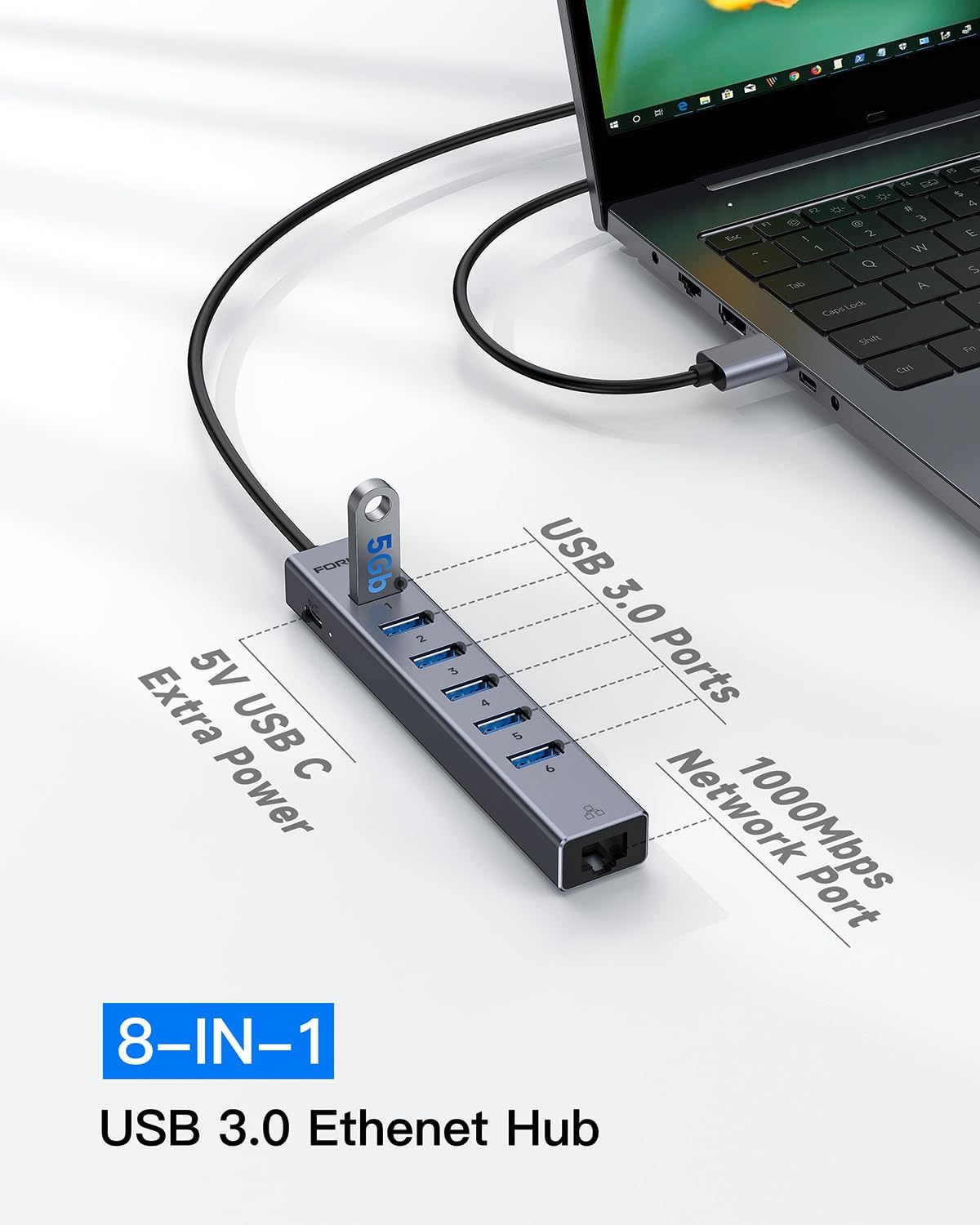 FORIDA, hub USB 8 de 7 puertos, con puerto de carga inteligente, adaptador 5V/3A