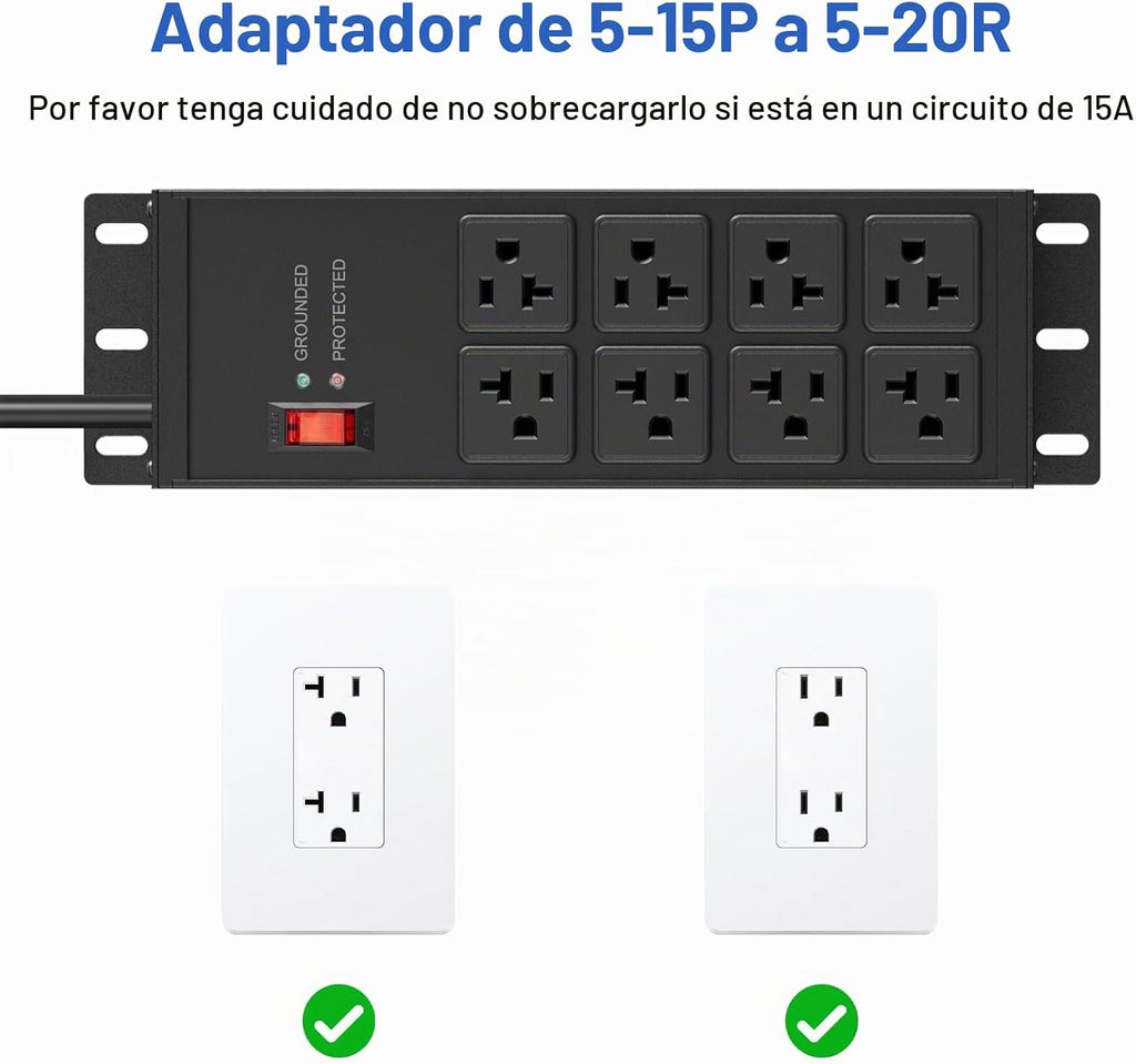 CCCEI 2 regletas de alimentación resistentes calibre 12, 8 puertos. Negro