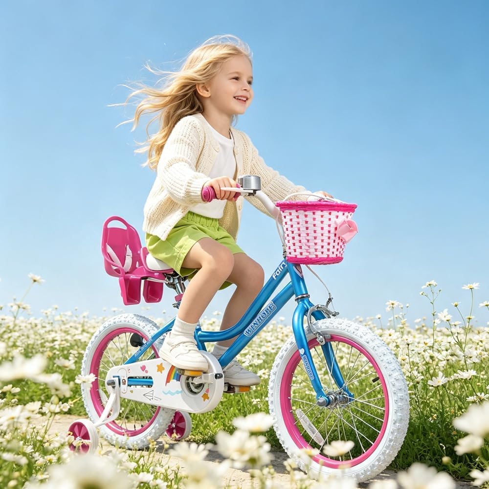Bicicleta WinHope Fairy Girls con Asiento para Muñeca, Bicicleta Infantil de 12-20 Pulgadas para Edades 2-12