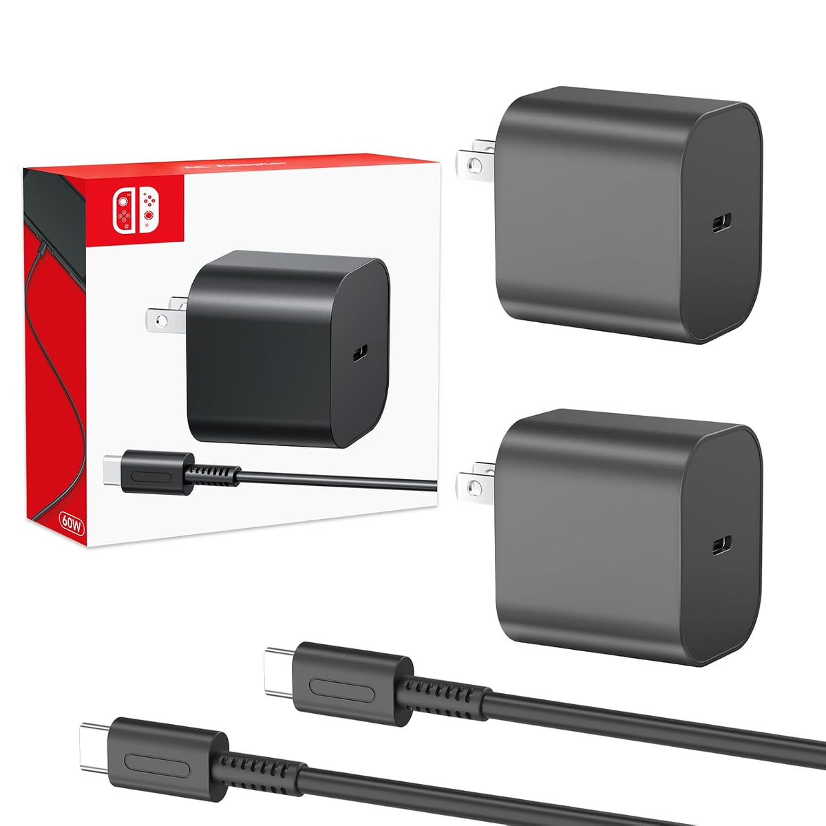 Pack de 2 cargadores de 10 ft para Nintendo Switch 2-20V 3A 60W adaptador AC