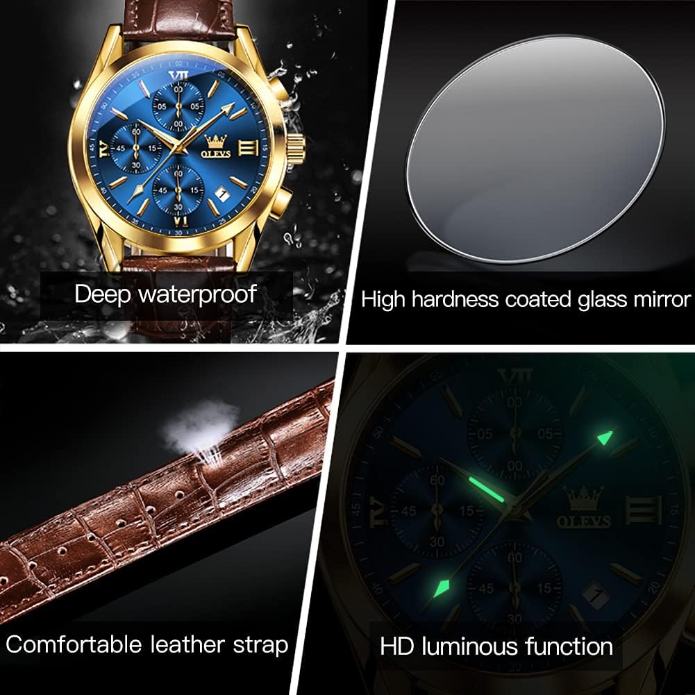 OLEVS Reloj de vestir de cuero para hombre, casual, cuarzo, marrón, pulsera, con fecha