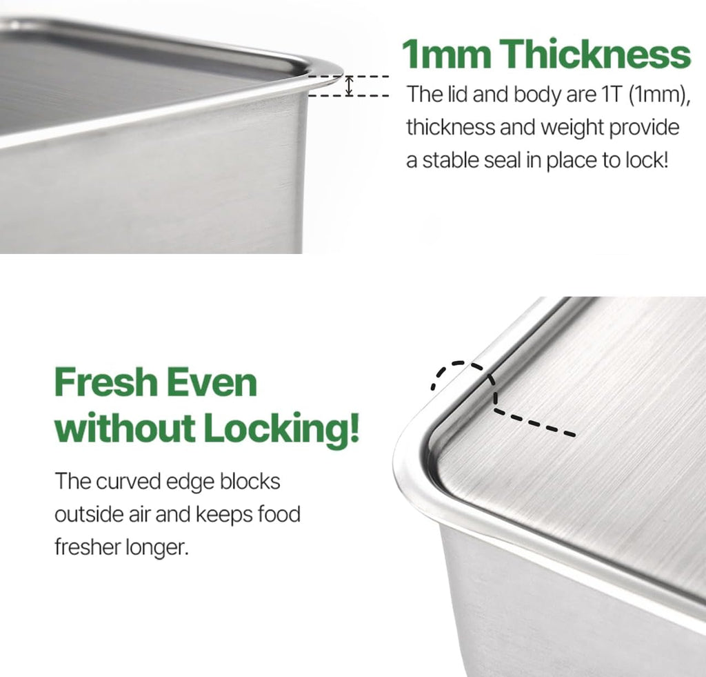 CuBE High 3Pcs Set de Contenedores de Acero Inoxidable para Alimentos con Tapa y 3 Accesorios de Cocina en Red Premium de Corea del Sur, Apto para Lavavajillas