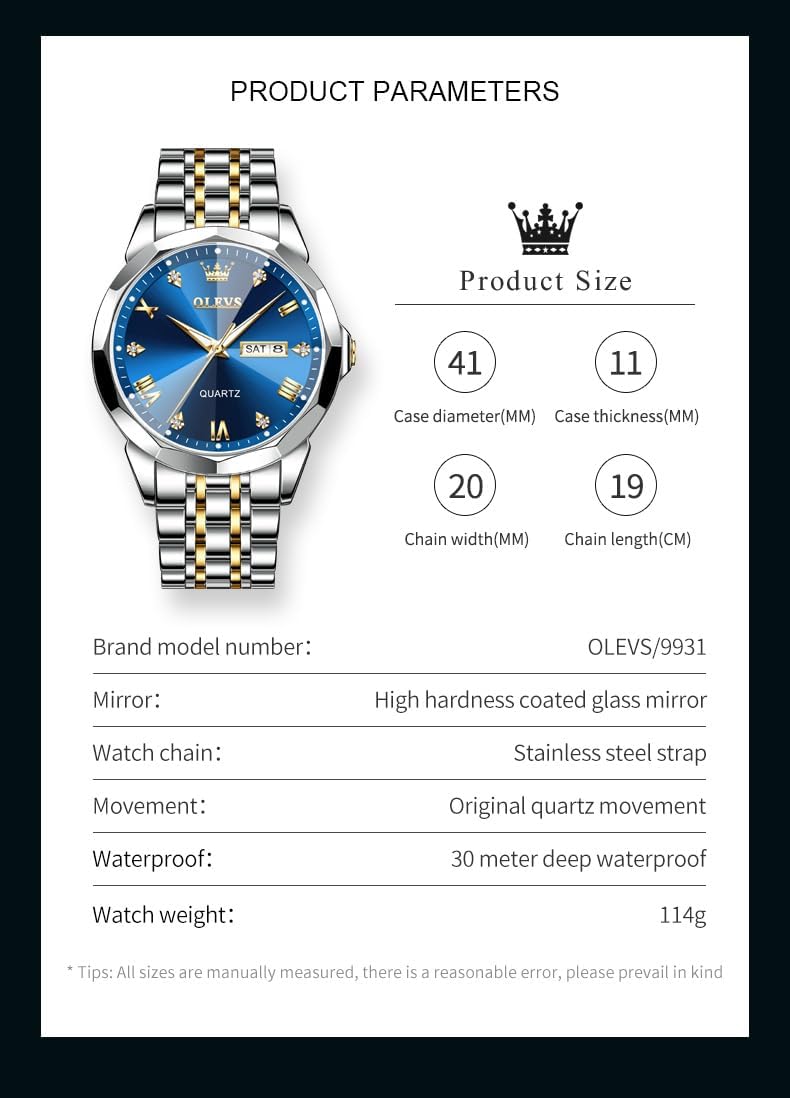 OLEVS Relojes para hombre de lujo de acero inoxidable 30M impermeable