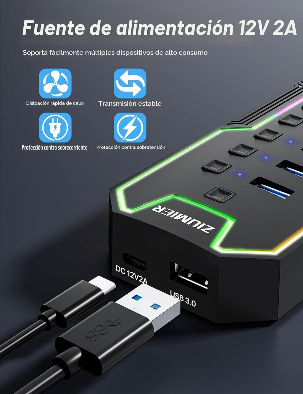ZIUMIER, L100, hub USB 3.0 de 10 puertos, alimentado, adaptador 12V/2A