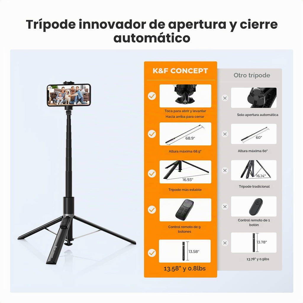 K&F CONCEPT Palo Selfie, Trípode para Teléfono con Apertura y Cierre Automático