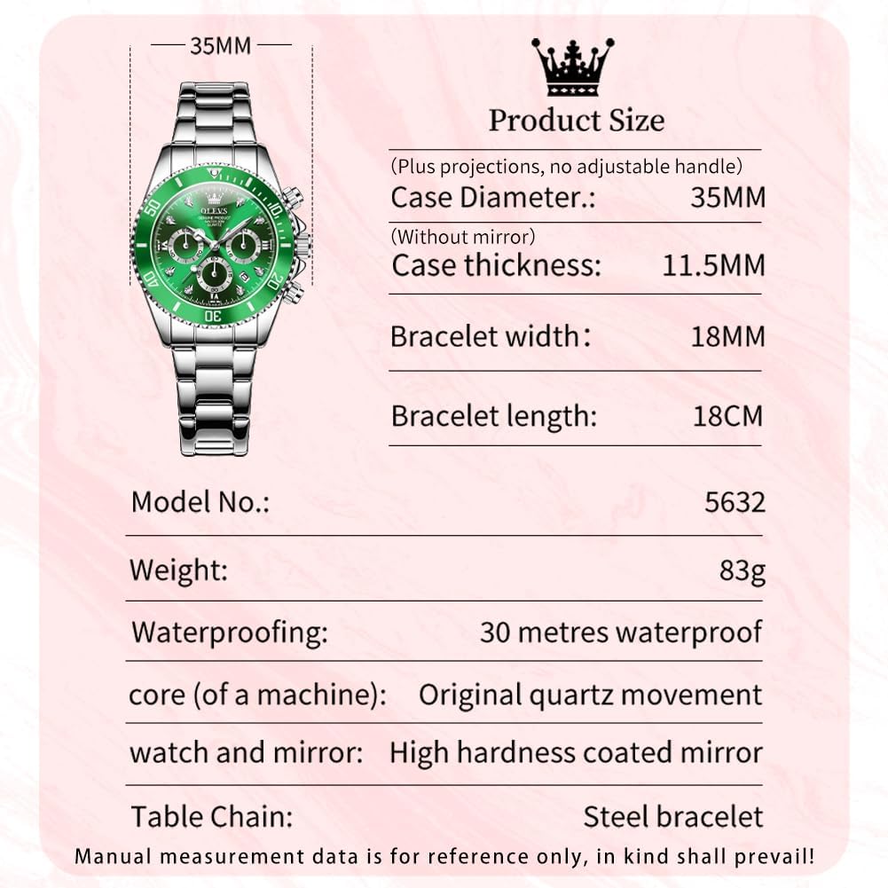 OLEVS Mujer Relojes Analógicos de Diamante de Cuarzo con Correa de Acero Inoxidable y Cronógrafo