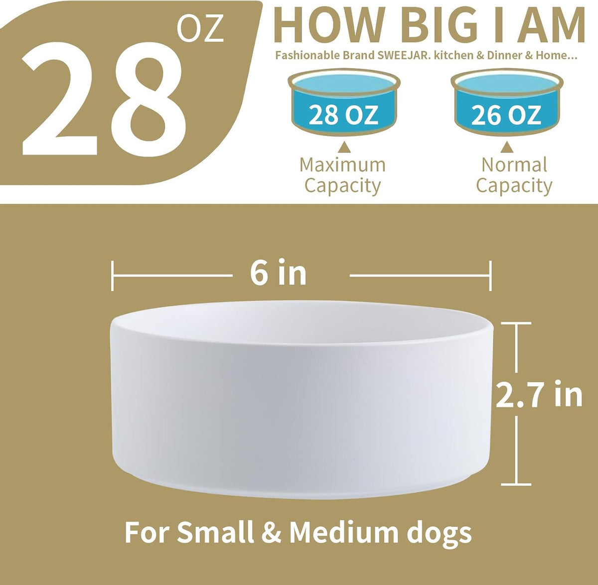 Cuenco de cerámica elevado o elevado para perros de razas pequeñas y medianas, cuenco de agua con soporte, plato de alimentación de mascotas pesado antideslizante de 6 pulgadas, 3.6 tazas