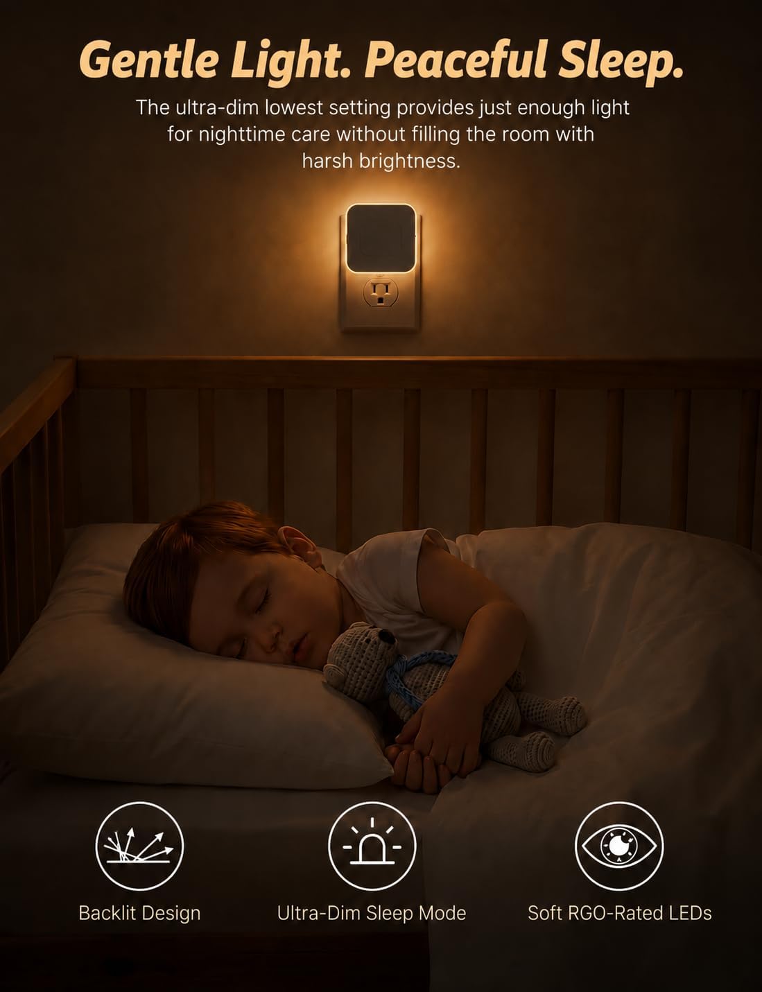 Luz nocturna LED enchufable con sensor de movimiento y del atardecer al amanecer, 3 temperaturas de color (1800K/2700K/5700K), 5 niveles de brillo preestablecidos, diseño retroiluminado, 1-80LM