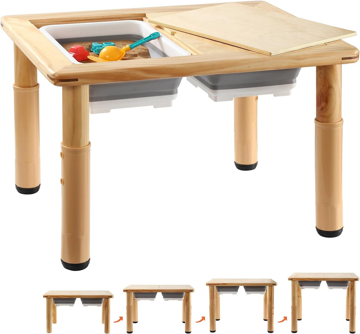 FUNLIO Mesa sensorial de madera para niños pequeños de 1 a 5 años, mesa de actividades para niños de 4 niveles de altura ajustable con tapa de madera contrachapada antideformación, mesa de arena y agua para interiores y exteriores, certificado CPC