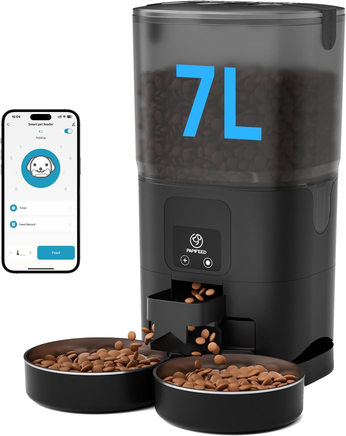PAPIFEED Comedero automático para gatos 2 gatos, alimentador automático WiFi para gatos con aplicación, dispensador de alimentos para gatos de alimentación lenta de 7 litros para alimentos secos