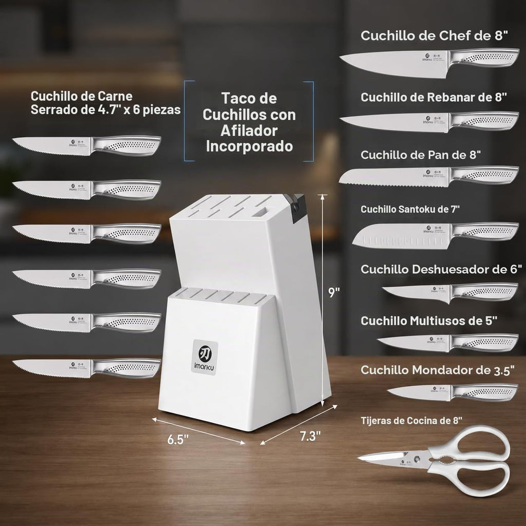 imarku Juego de cuchillos blancos de 15 piezas, acero inoxidable de alto