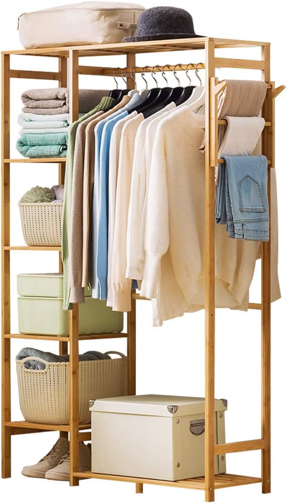 Perchero de bambú para ropa de 6 niveles, estante colgante de ropa con ganchos laterales, estante de ropa resistente, organizador portátil de armario