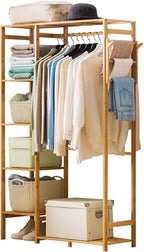 Perchero de bambú para ropa de 6 niveles, estante colgante de ropa con ganchos laterales, estante de ropa resistente, organizador portátil de armario