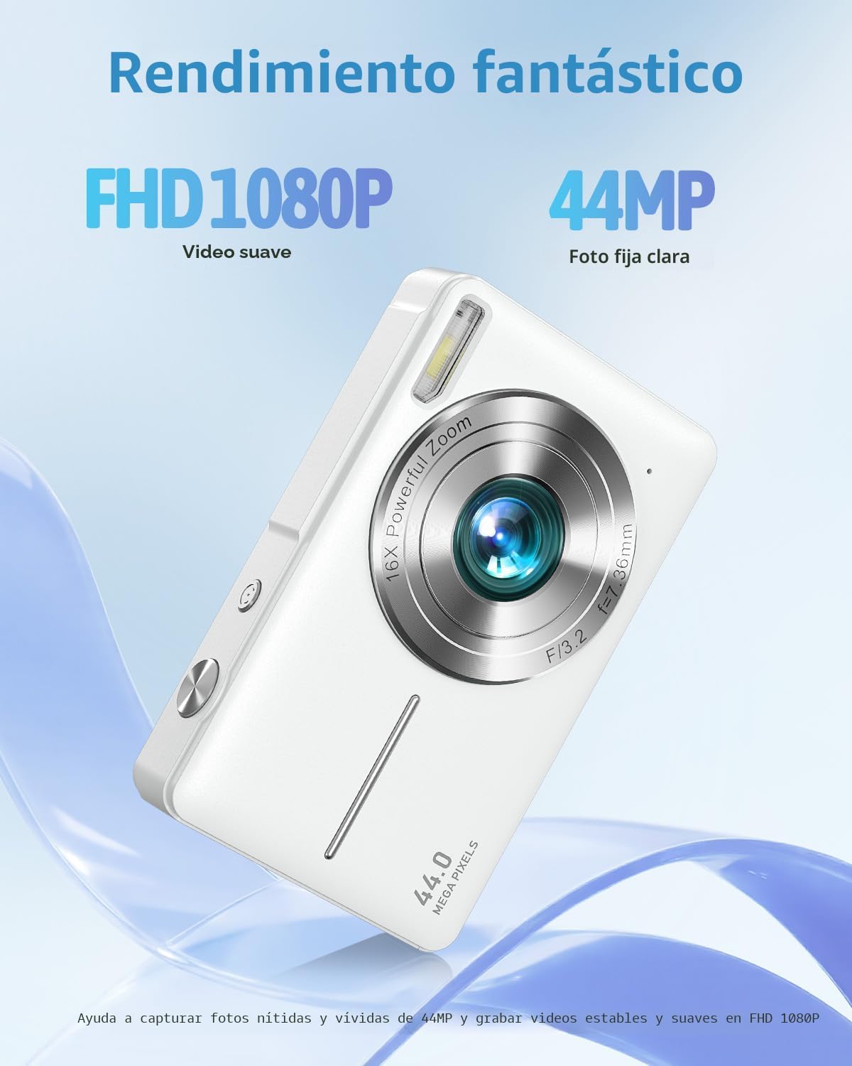 Cámara digital FHD 1080P apuntar y disparar cámara con tarjeta de 32 GB, Blanco perla
