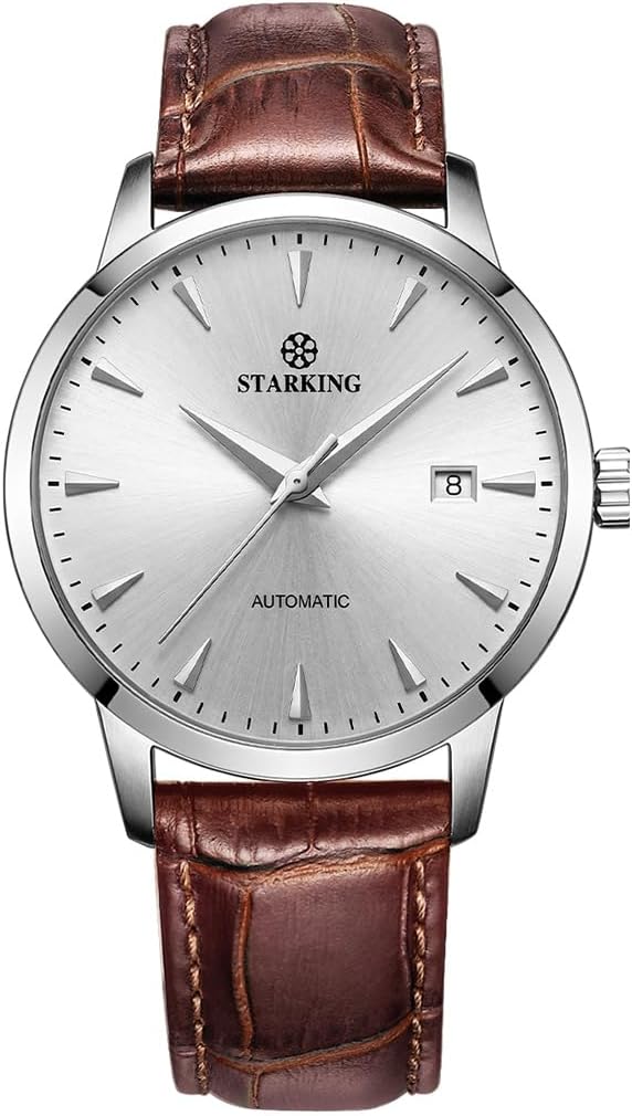 STARKING AM0184 Relojes automáticos de vestir para hombre, con parte trasera transparente, relojes de pulsera delgados casuales con fecha, resistente al agua a 5 ATM, acero inoxidable, correa de piel