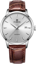 STARKING AM0184 Relojes automáticos de vestir para hombre, con parte trasera transparente, relojes de pulsera delgados casuales con fecha, resistente al agua a 5 ATM, acero inoxidable, correa de piel