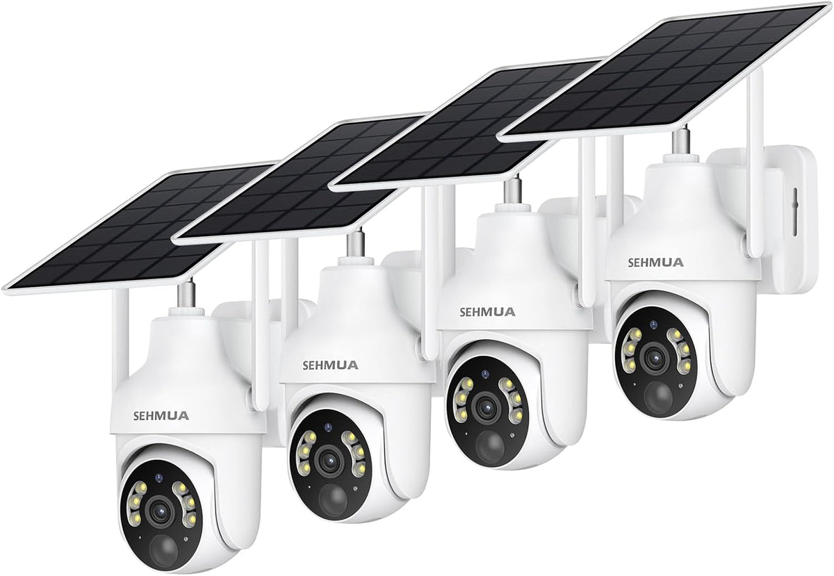 SEHMUA Cámaras de seguridad solar 2K inalámbricas para exteriores, Blanco, Paquete de 4 cámaras WiFi