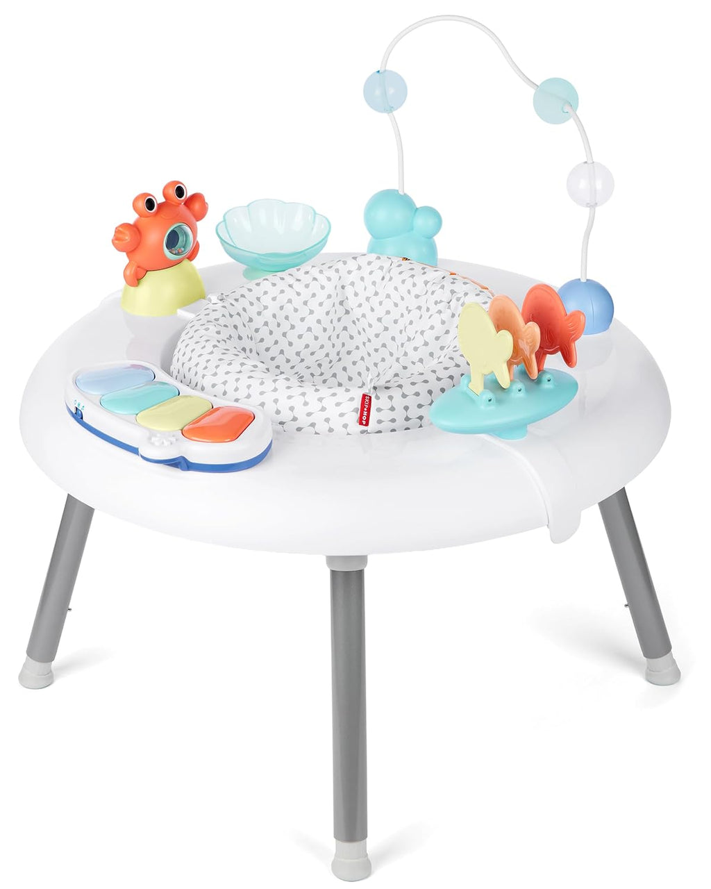 Skip Hop Centro de actividades para bebés 2 en 1 con más de 20 actividades de desarrollo, piano musical iluminado para jugar al tiempo boca abajo, 4 juguetes móviles y con clip y asiento giratorio de
