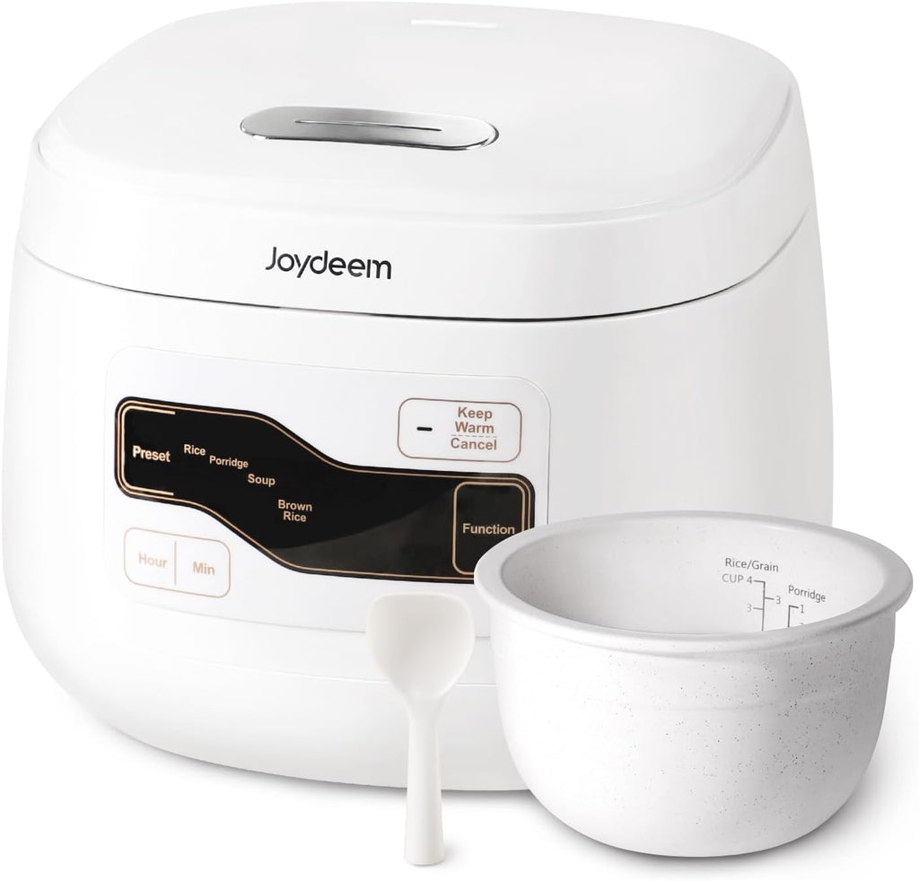 Joydeem Arrocera de cerámica FD20S-W, 4 tazas de ollas de arroz sin cocer con olla interior de cerámica pura, inicio de oferta las 24 horas, 2 L, color blanco