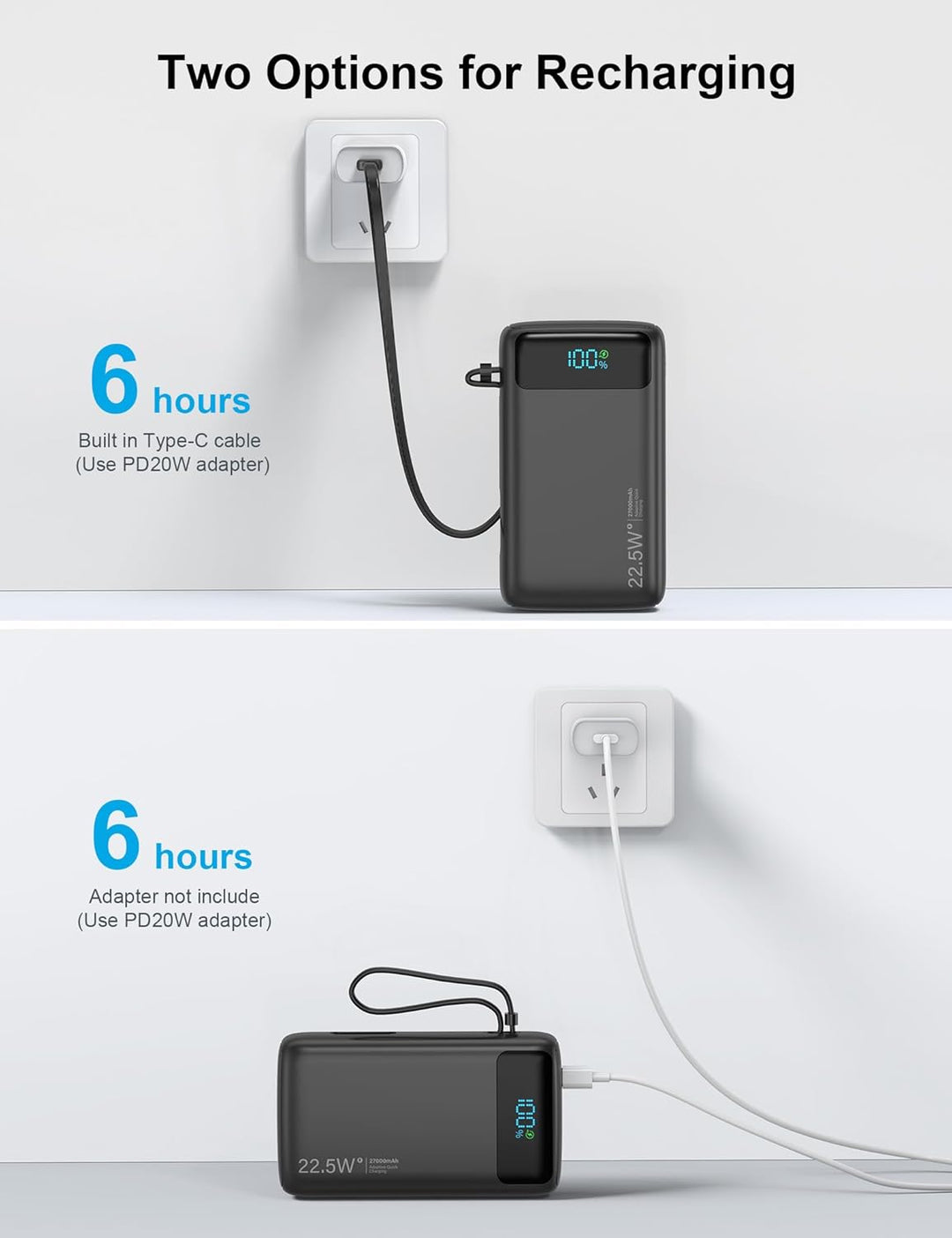 Cargador portátil de 27000 mAh, banco de energía con cable integrad...