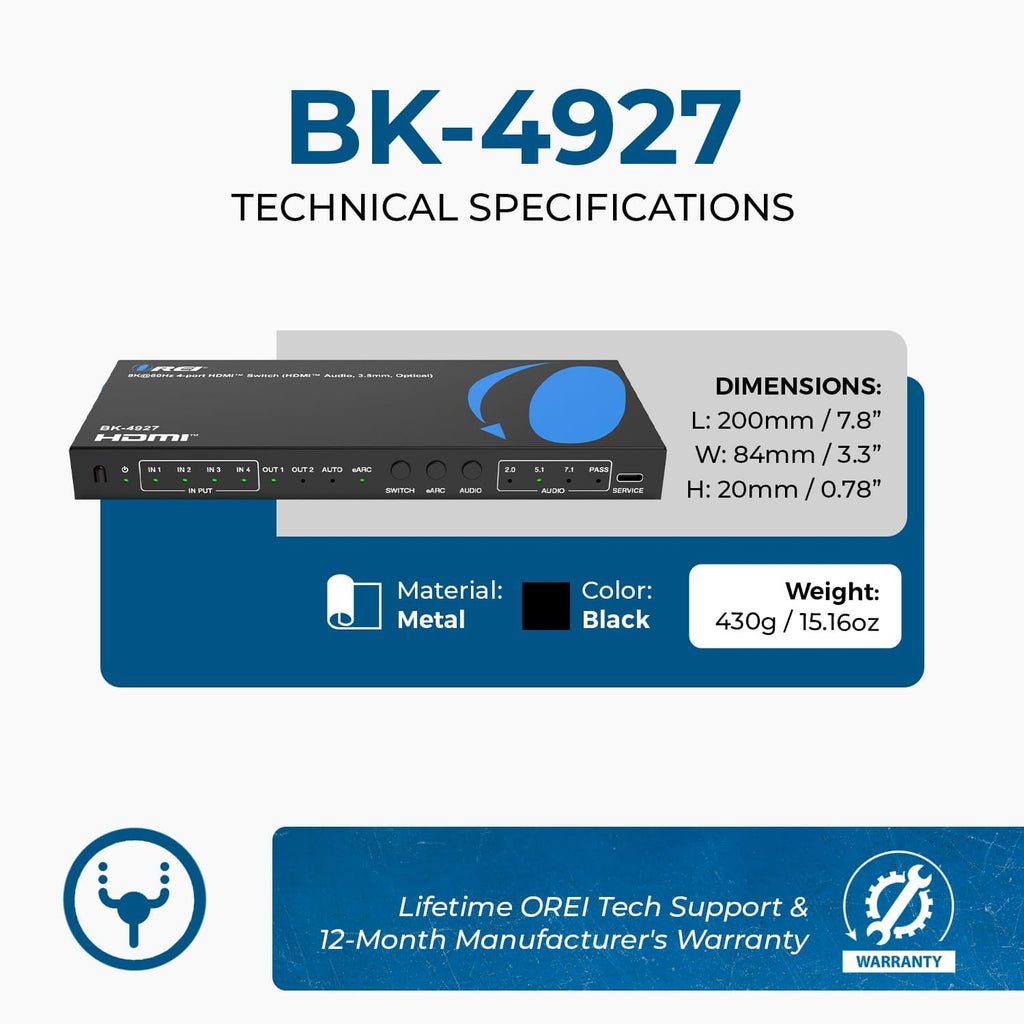 OREI Conmutador HDMI de 4 puertos 8K, audio HDMI, 0.1 in, óptico