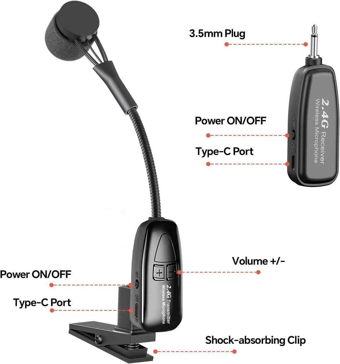 Micrófono Inalámbrico para Saxofón, Micrófonos de Clip de 2.4GHz, S...