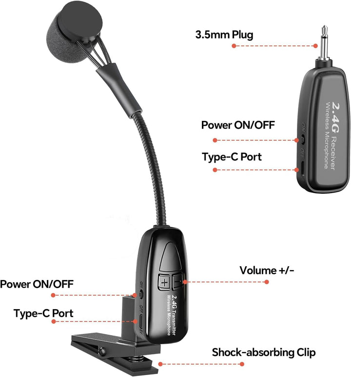 Micrófono Inalámbrico para Saxofón, Micrófonos de Clip de 2.4GHz, S...
