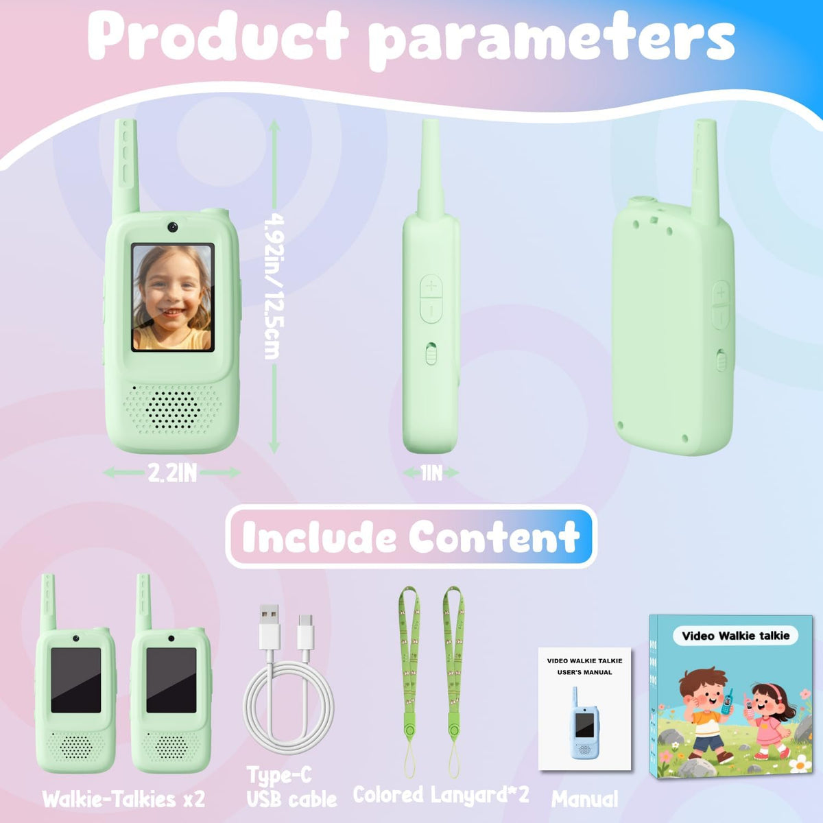 Walkie Talkies de video para niños, paquete de 2 intercomunicadores de video recargables de mano para niños, juguetes para interiores y exteriores, para juegos familiares, exteriores, campamento