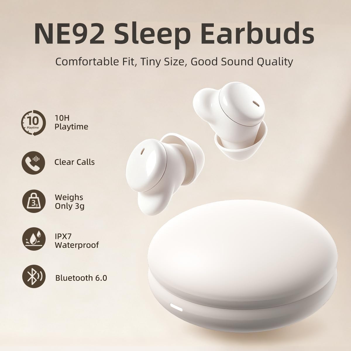 NE92 - Audífonos para dormir, ultra mini auriculares para dormir de lado 0.11 oz, auriculares inalámbricos Bluetooth 6.0, tiempo de reproducción de 40 horas, sonido estéreo de alta fidelidad