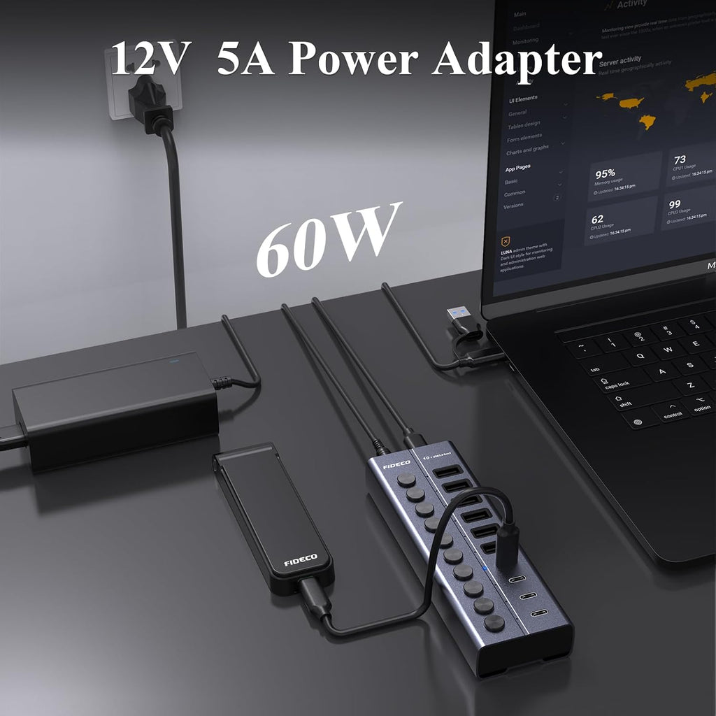 FIDECO, HCA64, hub USB 3.2 de 10 puertos, alimentado