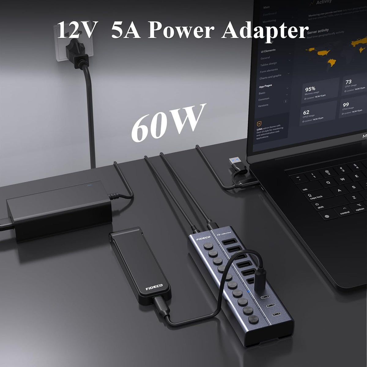 FIDECO, HCA64, hub USB 3.2 de 10 puertos, alimentado