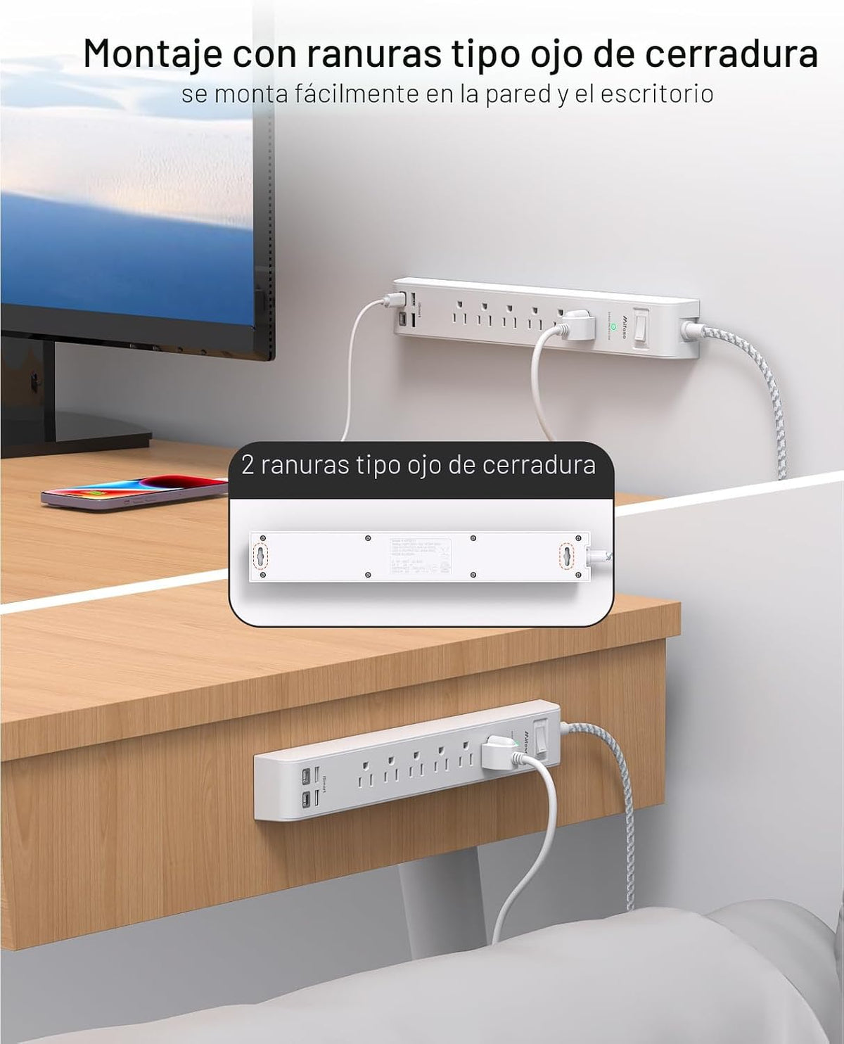 Paquete de 2 regletas protectoras contra sobretensiones, 6 tomas, 4 puertos USB (2 USB C) cables de extensión de 5 pies de largo, tira de salida de protección contra sobrecarga de enchufe plano