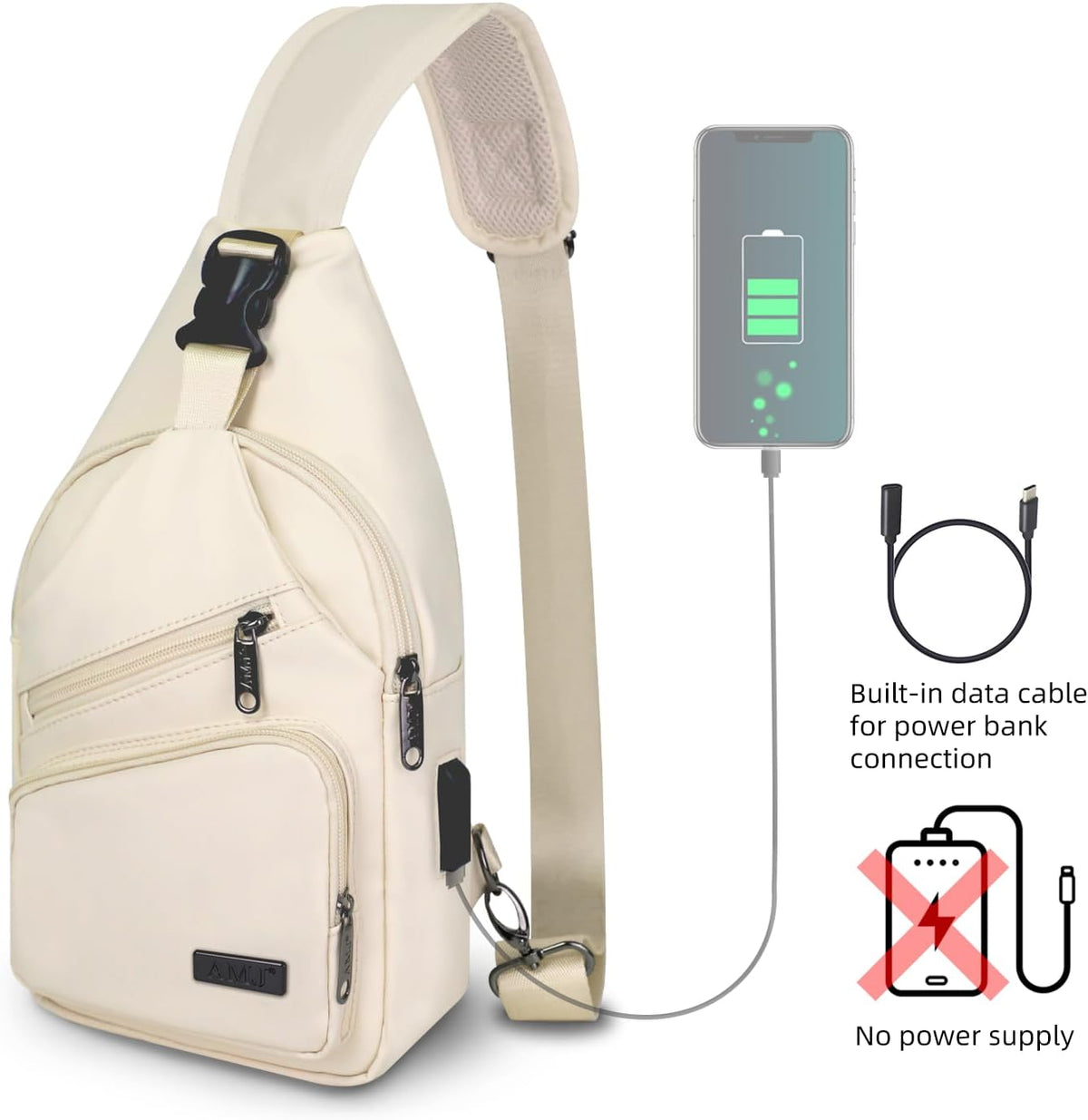 Bolso bandolera para mujer, bolsa cruzada grande con puerto de carga USB y tiradores de cremallera con logotipo, mochila ligera resistente al agua de nailon para viajes, senderismo (L, beige de
