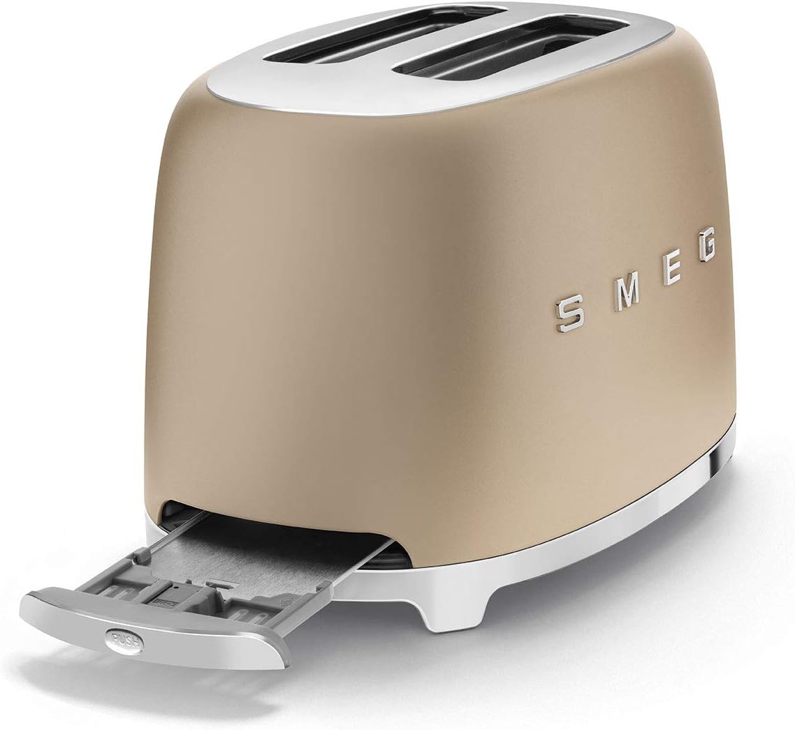 SMEG Tostadora de 2 rebanadas con 6 ajustes preestablecidos y función de descongelación y bandeja extraíble para migas TSF01CHMUS, champán mate