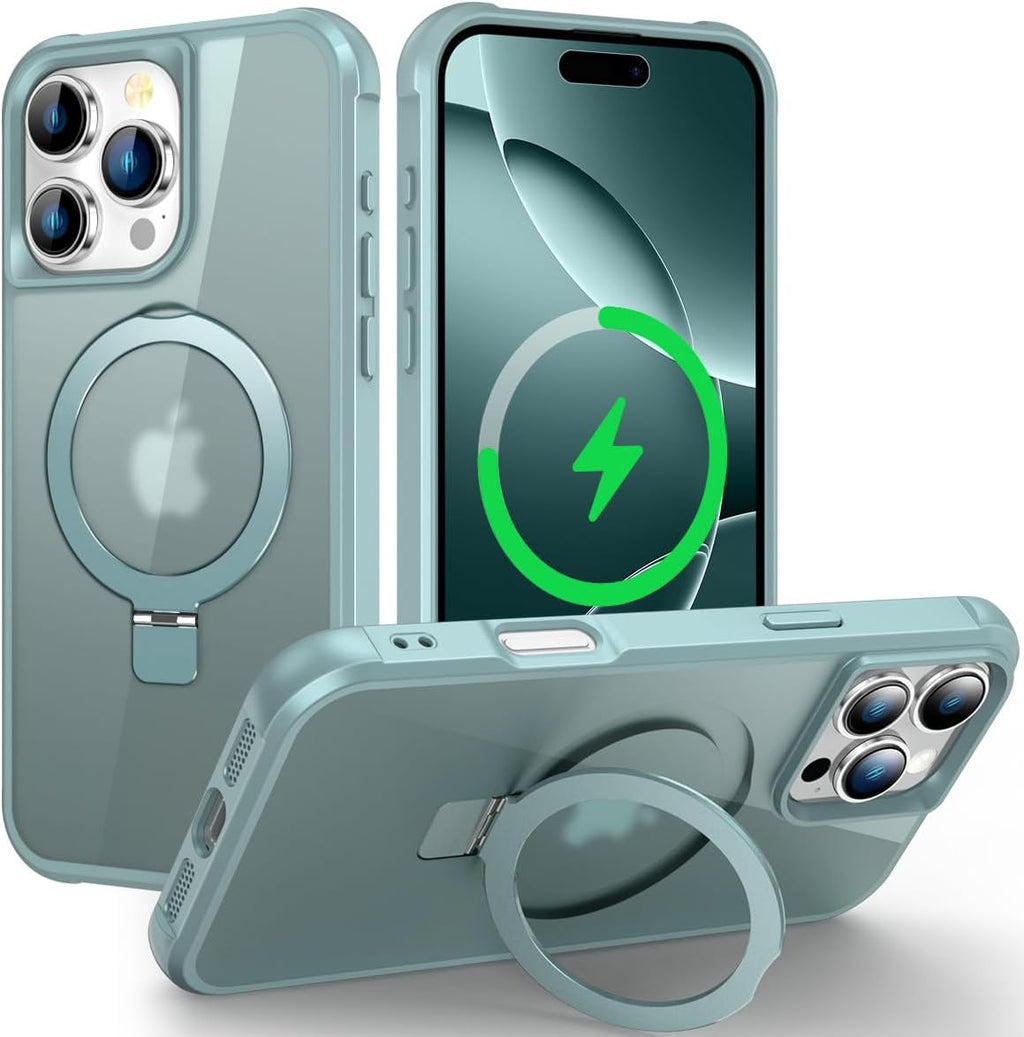 Funda magnética compatible con iPhone 16 Pro con soporte, prueba de caídas de grado militar, compatible con imán, anillo translúcido, parte trasera dura, borde suave, verde azulado