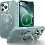 Funda magnética compatible con iPhone 16 Pro con soporte, prueba de caídas de grado militar, compatible con imán, anillo translúcido, parte trasera dura, borde suave, verde azulado