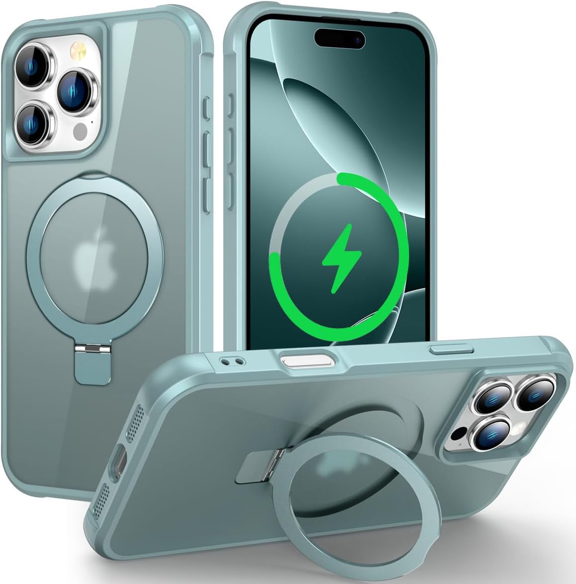 Funda magnética compatible con iPhone 16 Pro con soporte, prueba de caídas de grado militar, compatible con imán, anillo translúcido, parte trasera dura, borde suave, verde azulado
