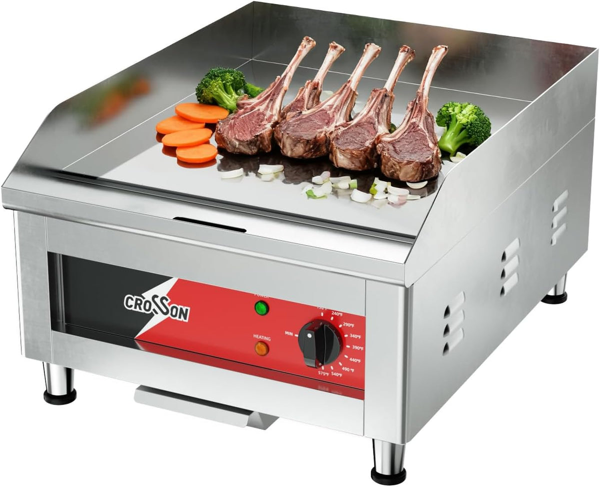 CROSSON Plancha eléctrica cromada de 16 x 16 pulgadas, con certificación ETL, plancha de encimera comercial con placa de cocción antiadherente de hierro de 2/5 pulgadas de grosor para restaurante y uso doméstico, 120 V/1750 W, espátula incluida