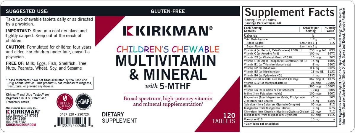 Kirkman - Multivitamínico y mineral masticable para niños con 5-MTH...