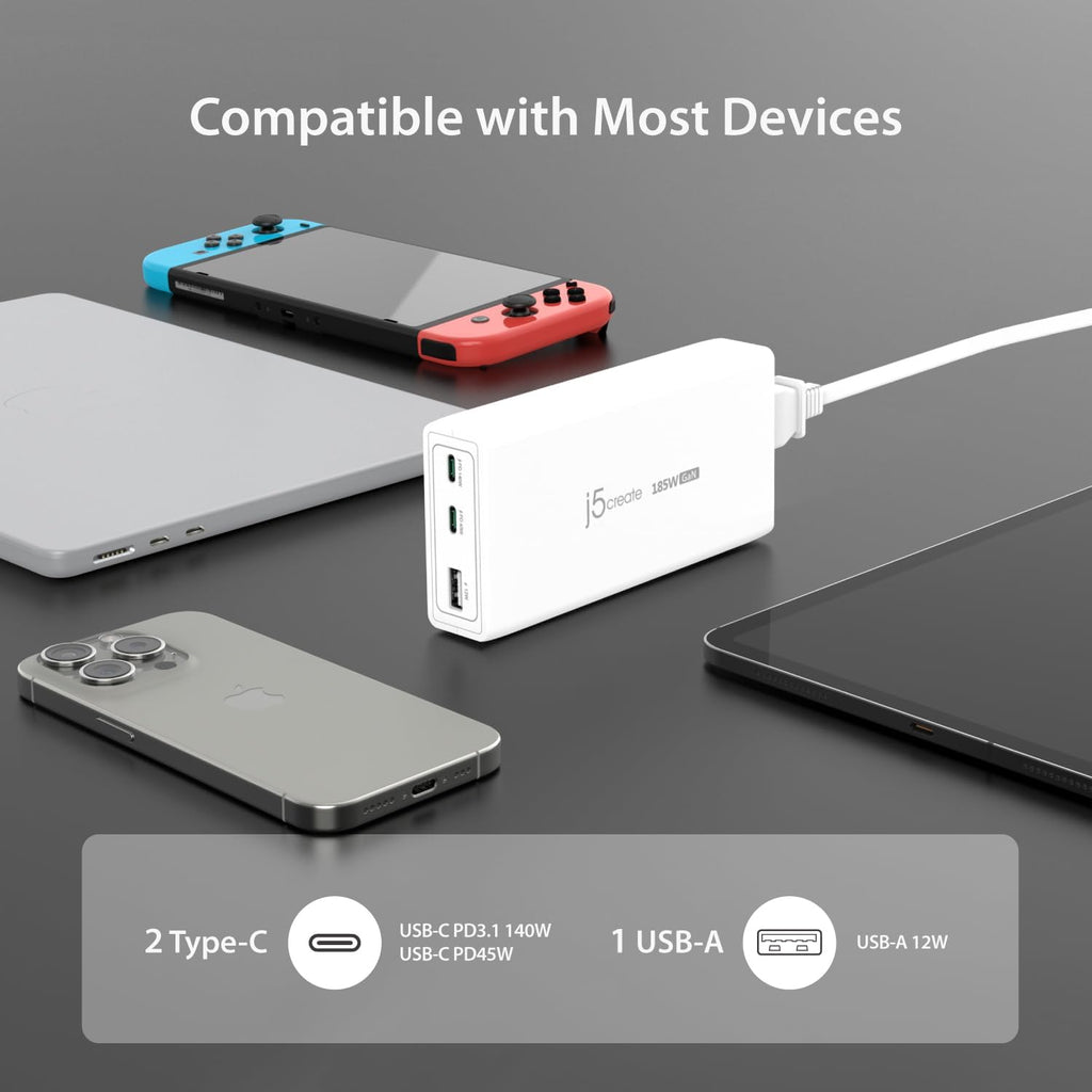 j5create 185W GaN USB-C/A 3-Port Laptop Super Cargador con Power Delivery 3.1