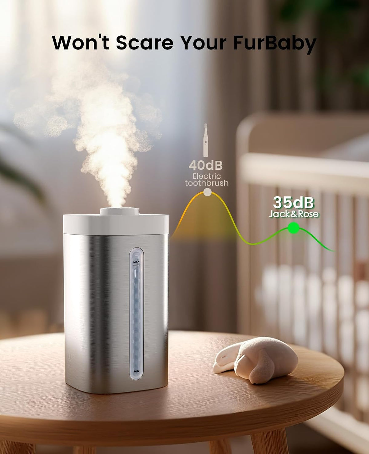 Jack & Rose Humidificador de acero inoxidable, fácil de limpiar, apto para lavavajillas, humidificadores de niebla fría para dormitorio