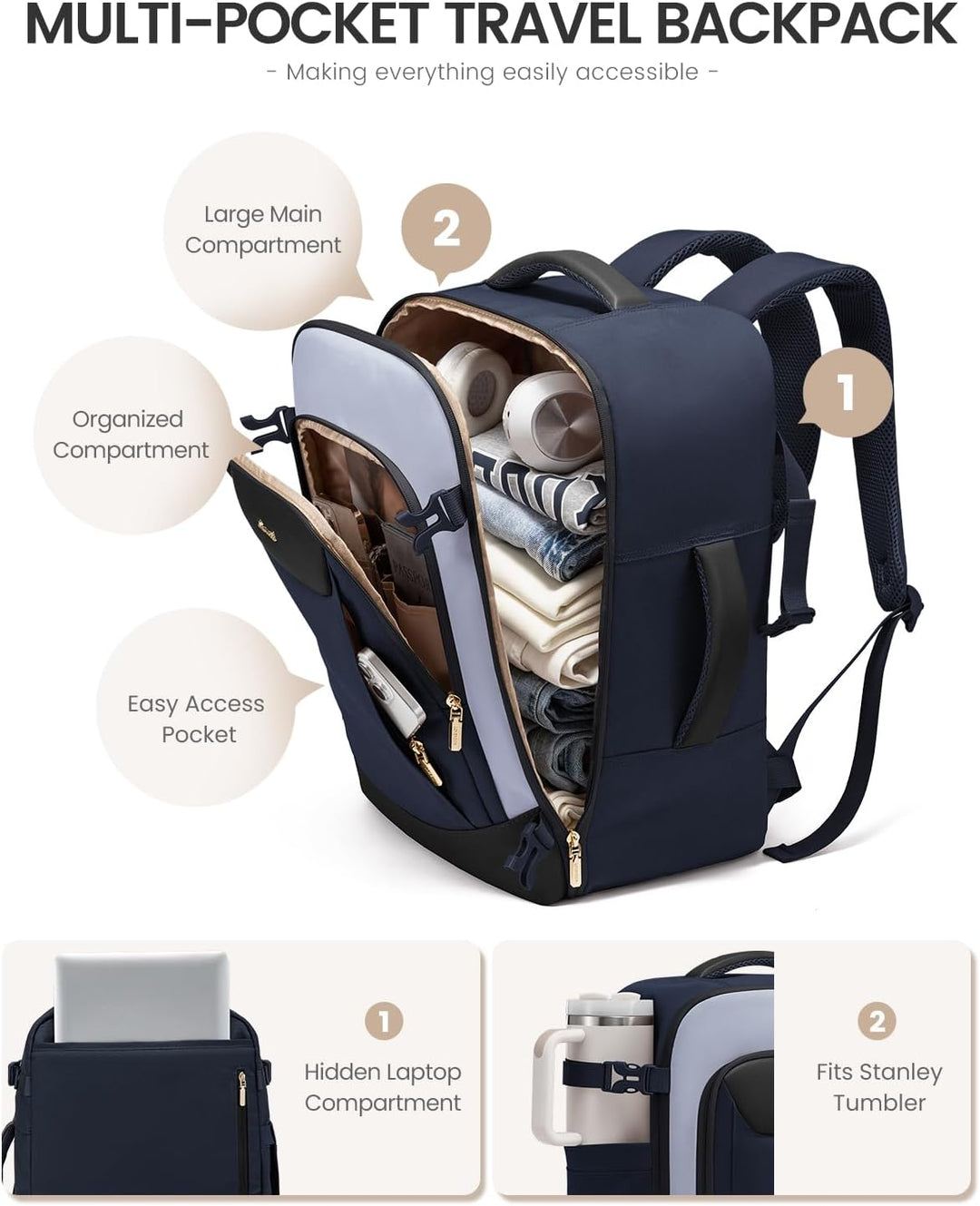 LOVEVOOK Mochila de viaje de 40 L para mujeres y hombres, mochila g...
