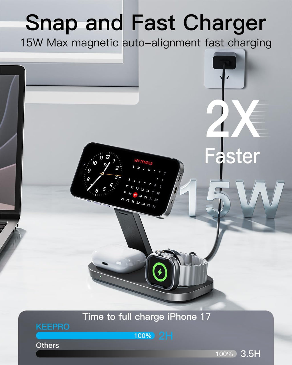 Estación de carga 3 en 1 para dispositivo Apple, soporte de carga rápida inalámbrico magnético plegable compatible con MagSafe para iPhone 17e/17/16/15/14/13/12/Air Series, Apple Watch y